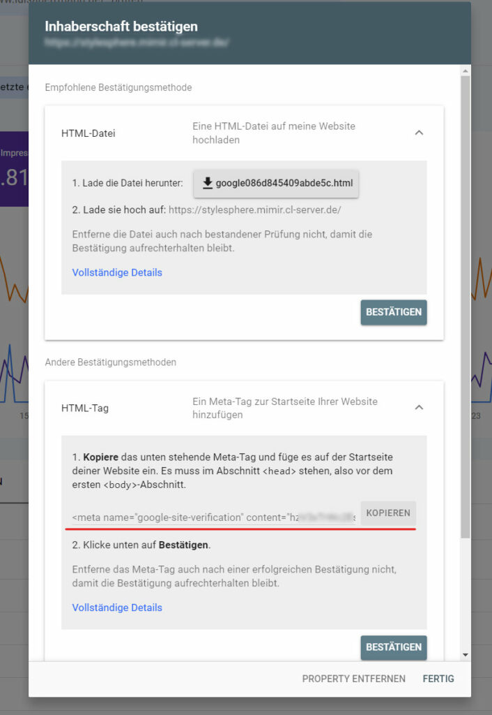 Google Search Console Divi Inhaberschaft bestaetigen