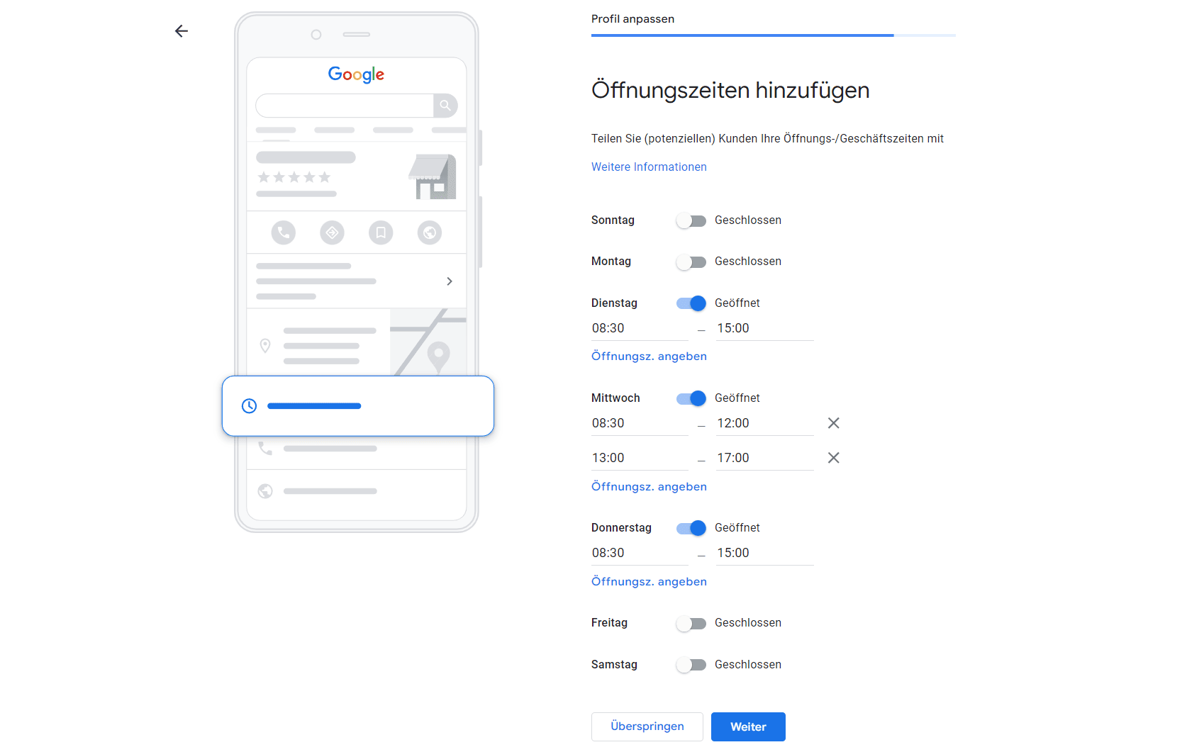 Öffnungszeiten angeben