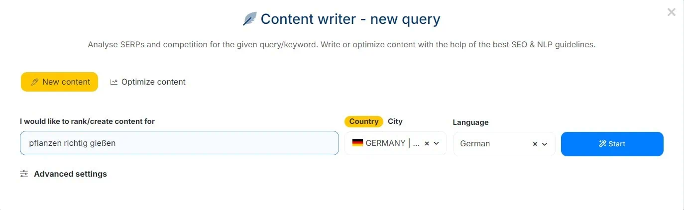 Neuronwriter Keyword eingeben