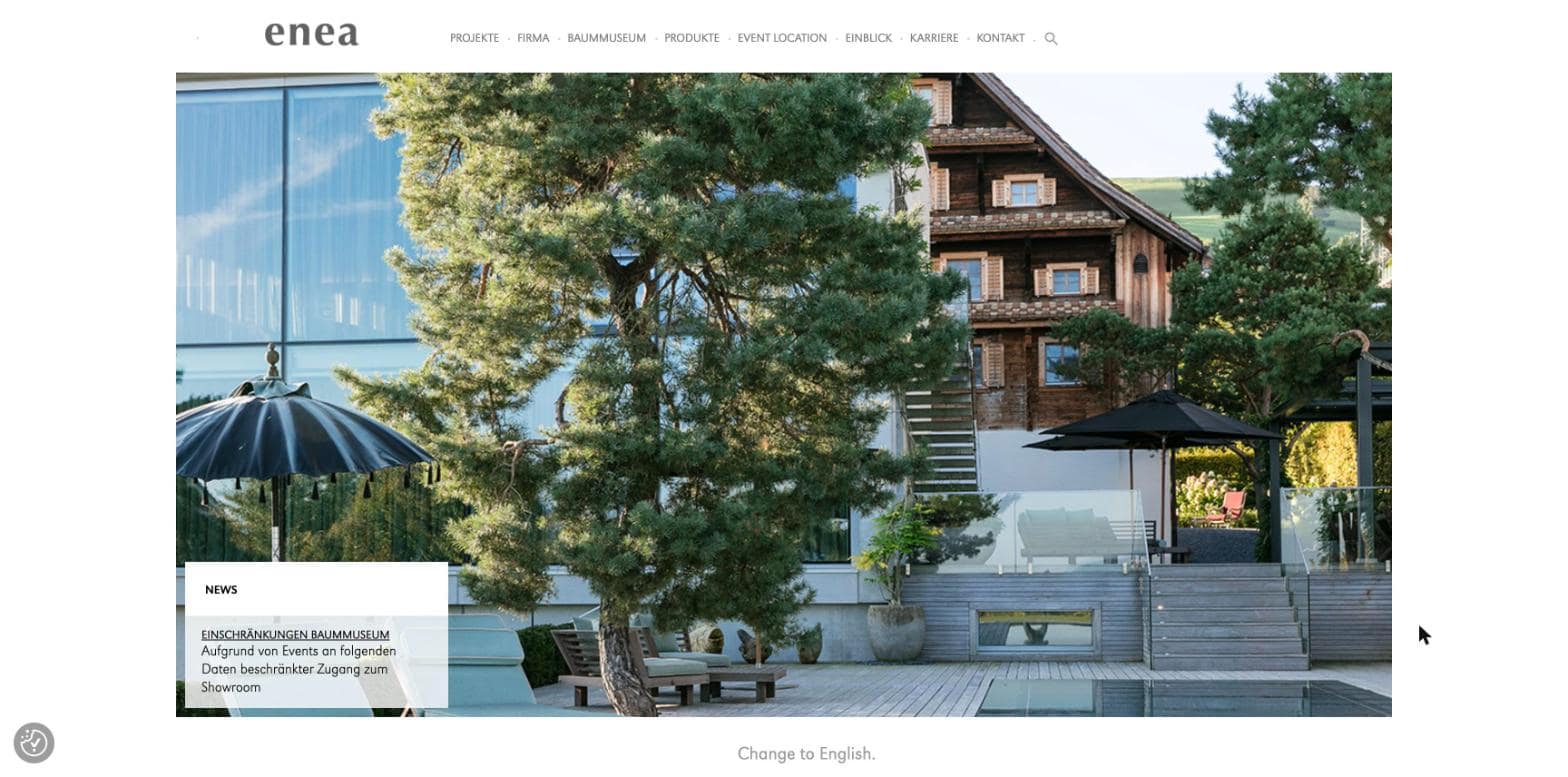 Website des Landschaftsbau-Unternehmens Enea mit großem Gartenfoto