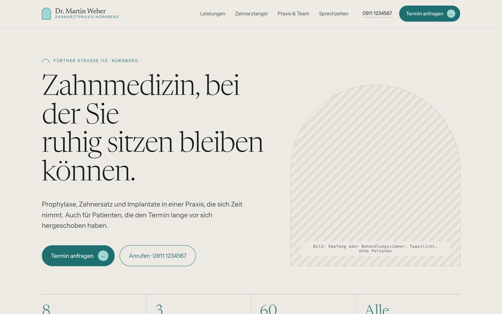 In Claude Design erstellte Zahnarzt-Website in Petrol und Mint mit beschriftetem Bildplatzhalter in Bogenform