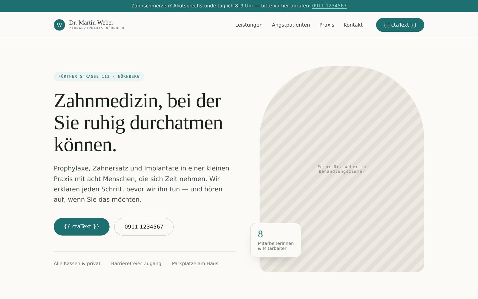 In Claude Design ohne gespeicherten Arbeitsablauf erstellte Zahnarzt-Website mit unaufgeloestem Platzhalter auf dem Button
