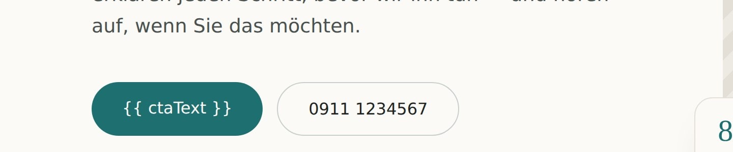 Ausschnitt einer KI-erstellten Website, auf dem Hauptbutton steht die unaufgeloeste Variable ctaText statt eines Textes
