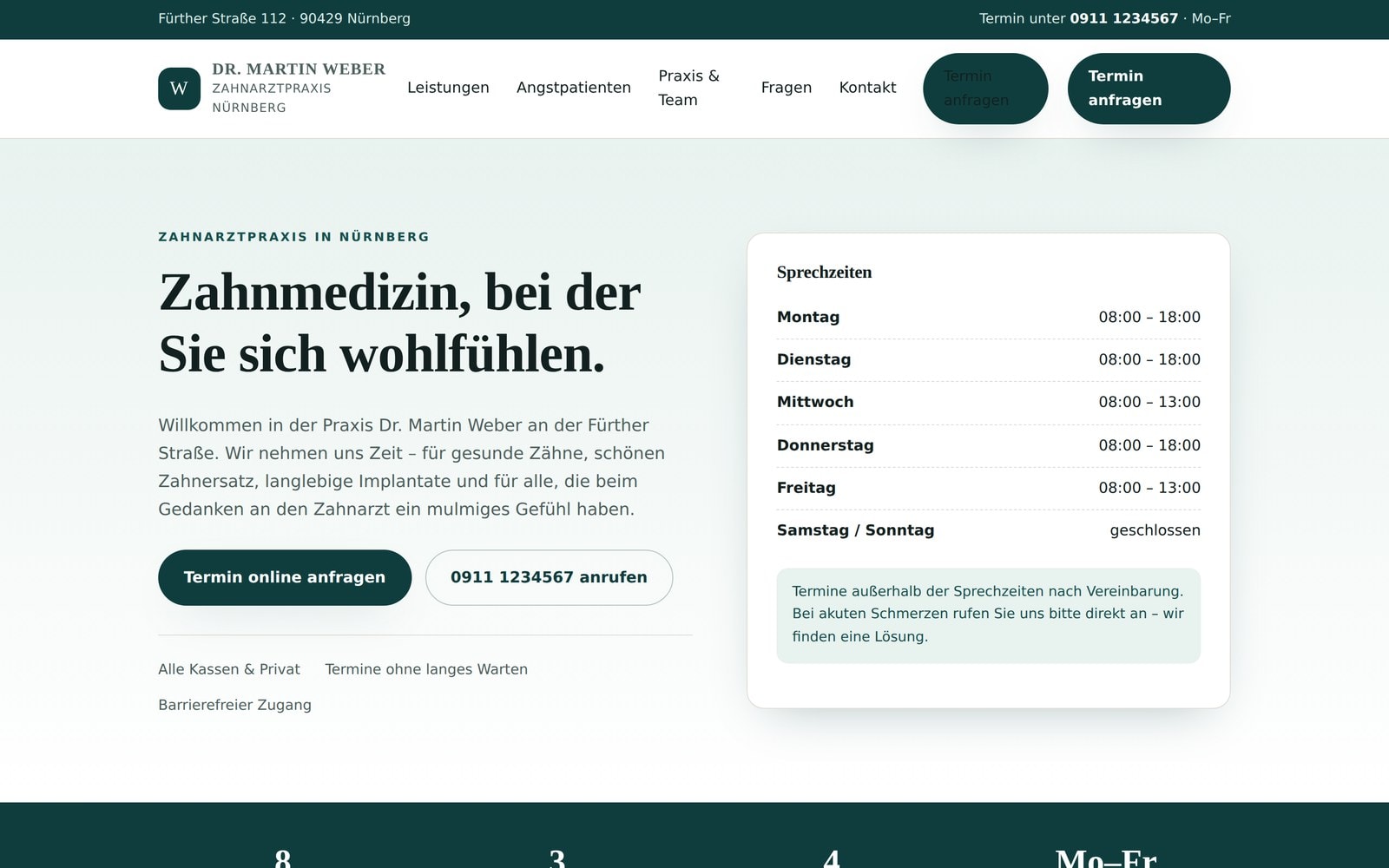 Von einer KI in vier Minuten erstellte Zahnarzt-Website mit Sprechzeiten-Karte und zwei Buttons im Kopfbereich