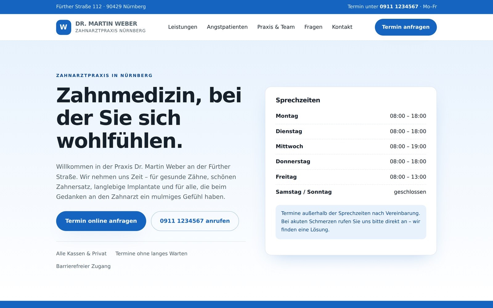 KI-erstellte Zahnarzt-Website nach dem Kundenwunsch nach helleren Farben, jetzt in Blau statt Dunkelgruen