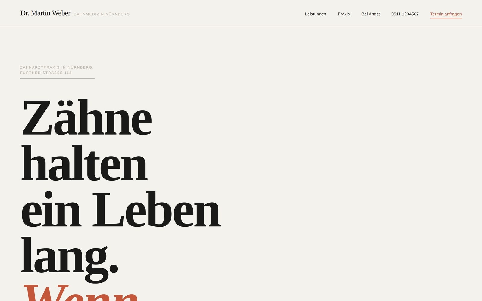 Von einer KI nach einem Swiss-Design-Briefing erstellte Zahnarzt-Website mit grosser Serifenschrift auf Off-White