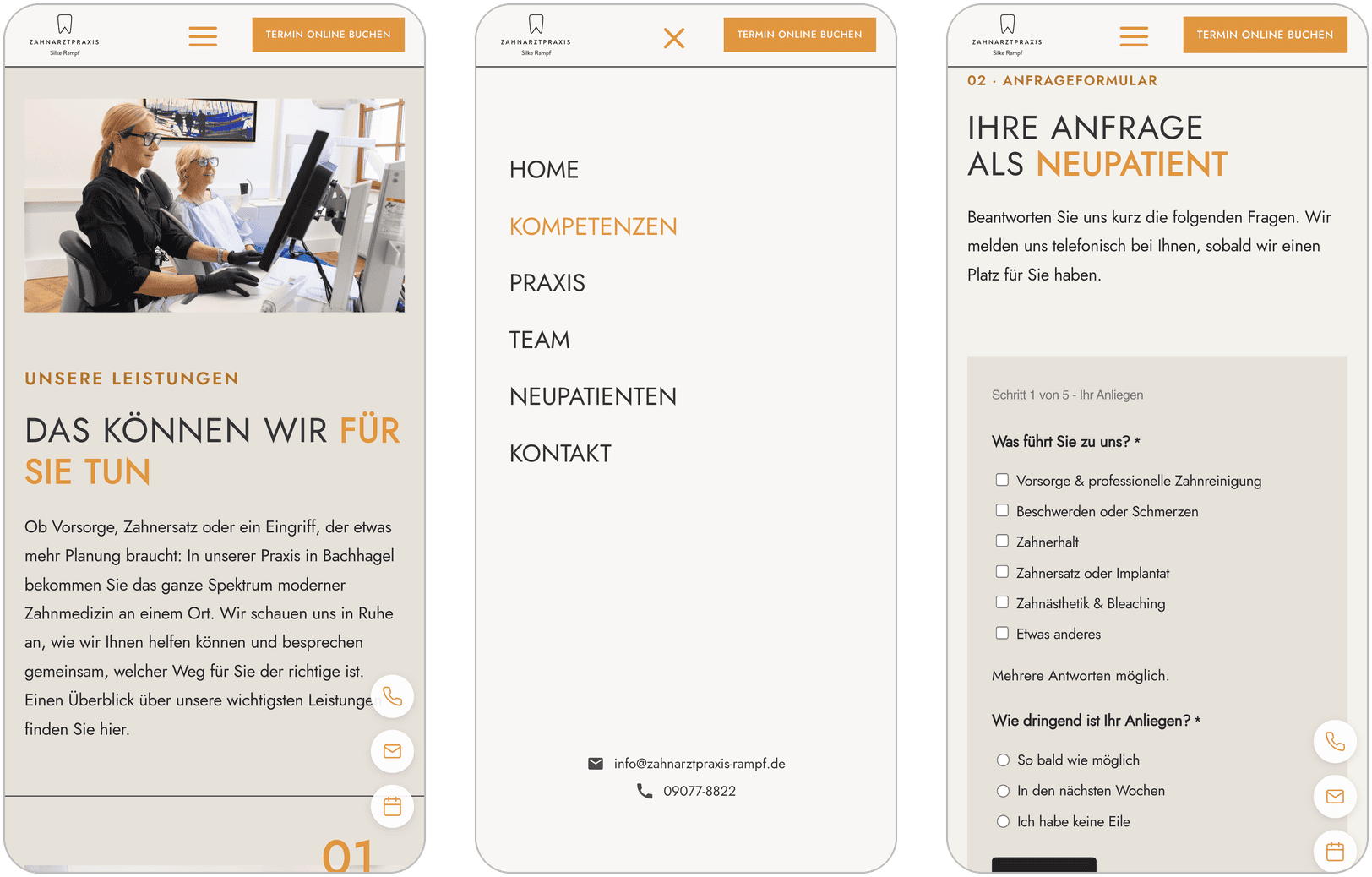 Mobile Ansicht der Zahnarzt-Website der Zahnarztpraxis Silke Rampf auf drei iPhones