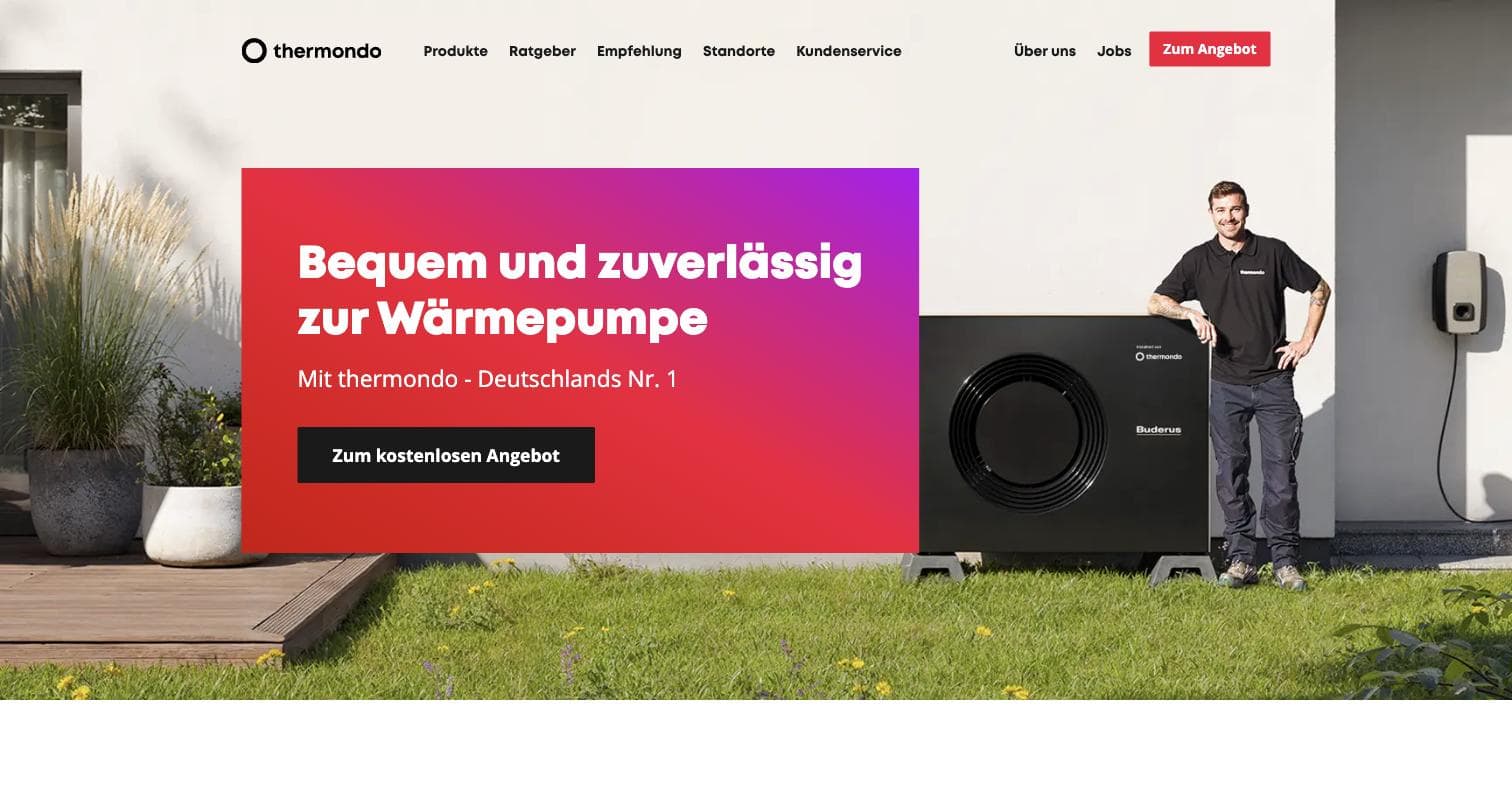 Website von Thermondo mit der Botschaft Bequem und zuverlässig zur Wärmepumpe und einem einzigen Call-to-Action