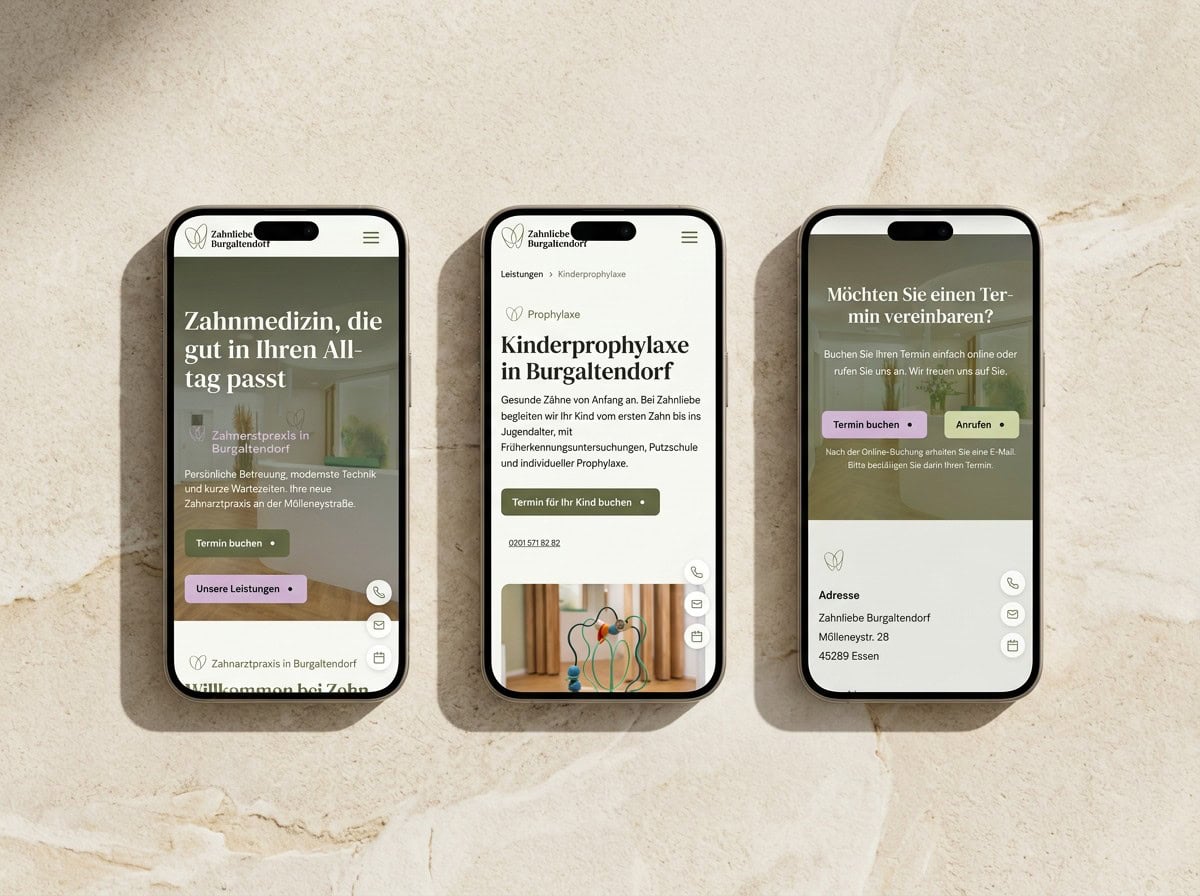 Mobile Ansicht der Zahnarzt-Website Zahnliebe Burgaltendorf auf dem iPhone