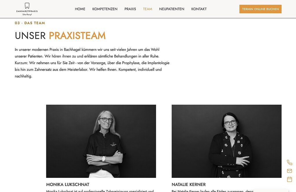 Teamseite der Zahnarztpraxis Silke Rampf mit Vorstellung des Praxisteams in Schwarzweiss-Portraits