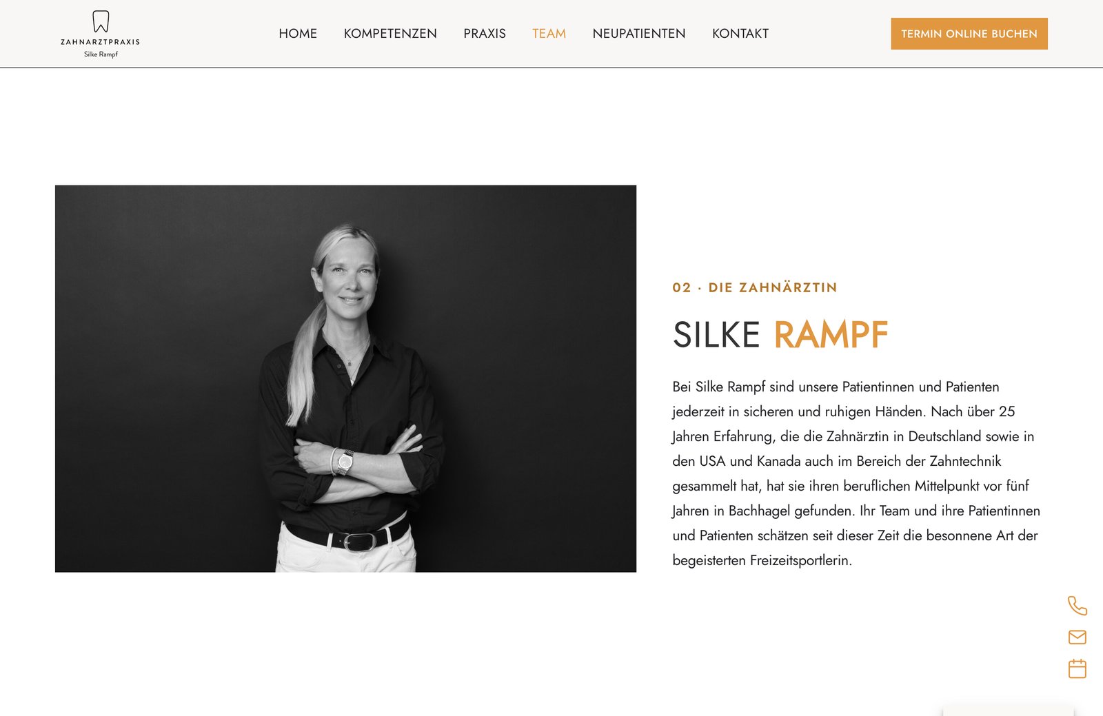 Vorstellung der Zahnaerztin Silke Rampf mit professionellem Schwarzweiss-Portrait auf der Teamseite ihrer Praxis