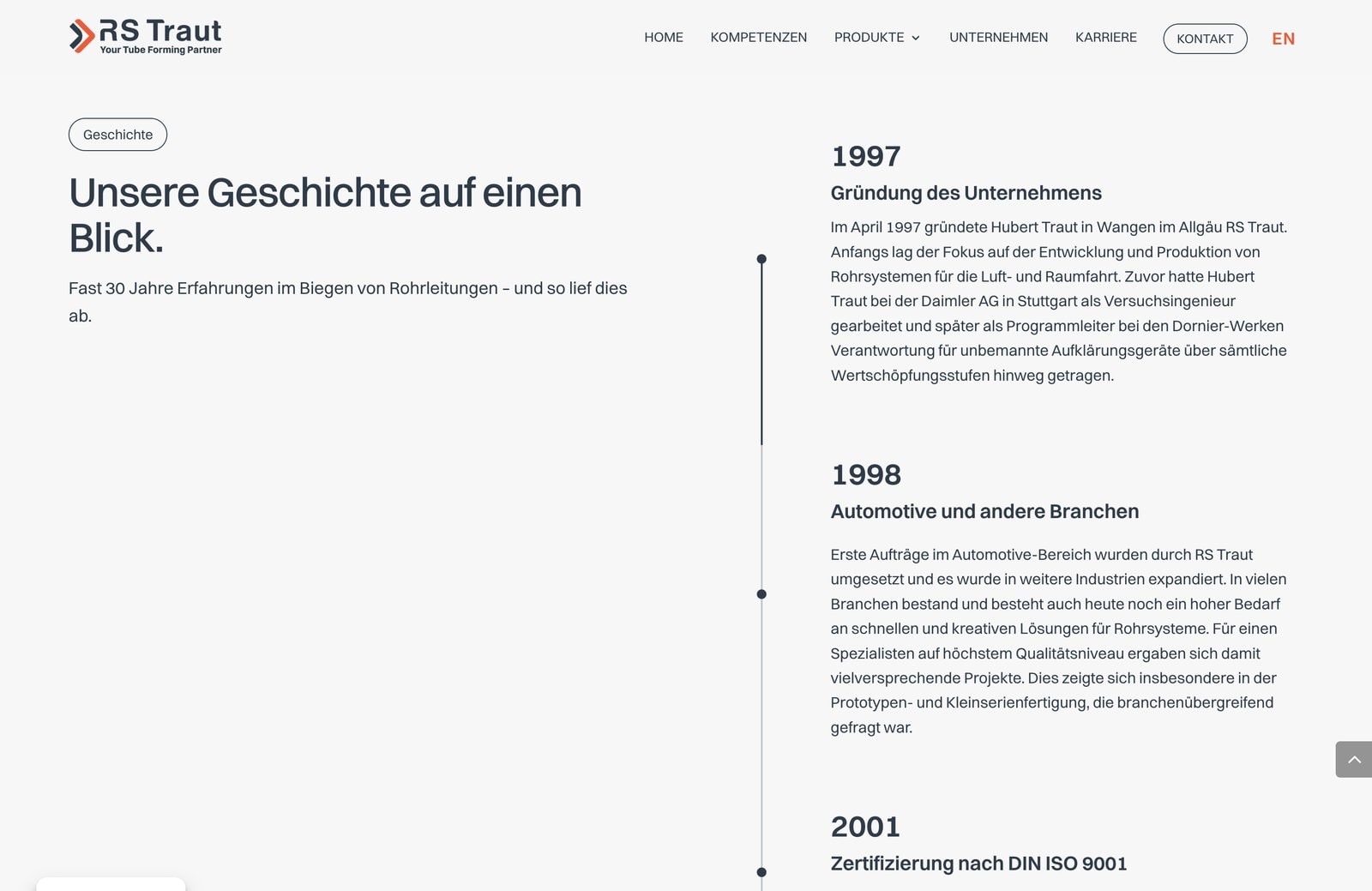 Firmengeschichte als Zeitleiste auf der Unternehmensseite von RS Traut, beginnend mit der Gruendung 1997