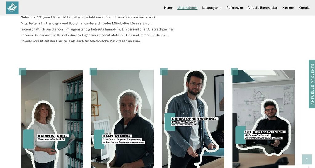 Teamvorstellung von Wening Bau mit freigestellten Fotos und humorvollen Einzeilern unter den Namen