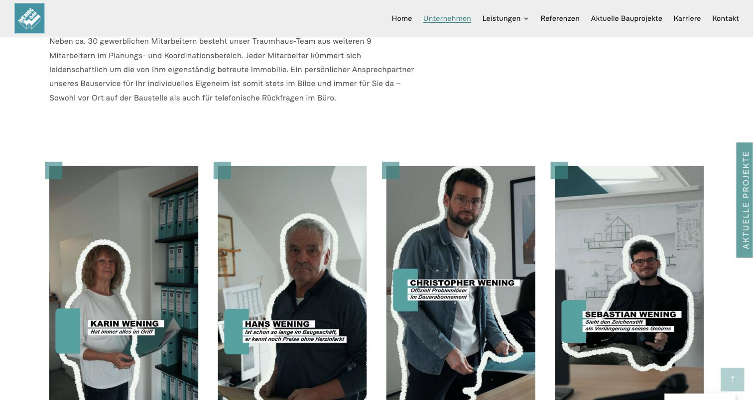 Teamvorstellung von Wening Bau mit freigestellten Fotos und humorvollen Einzeilern unter den Namen