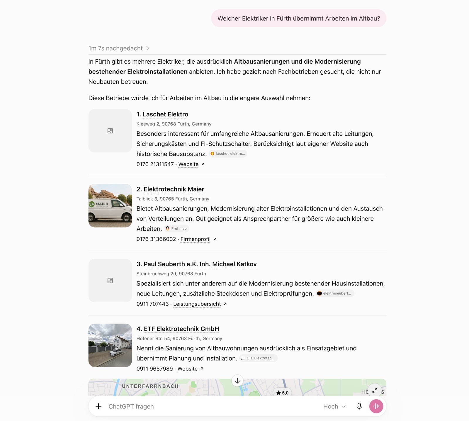 ChatGPT-Antwort auf die Frage nach einem Elektriker in Fürth für Altbau, mit vier empfohlenen Betrieben und verlinkten Quellen