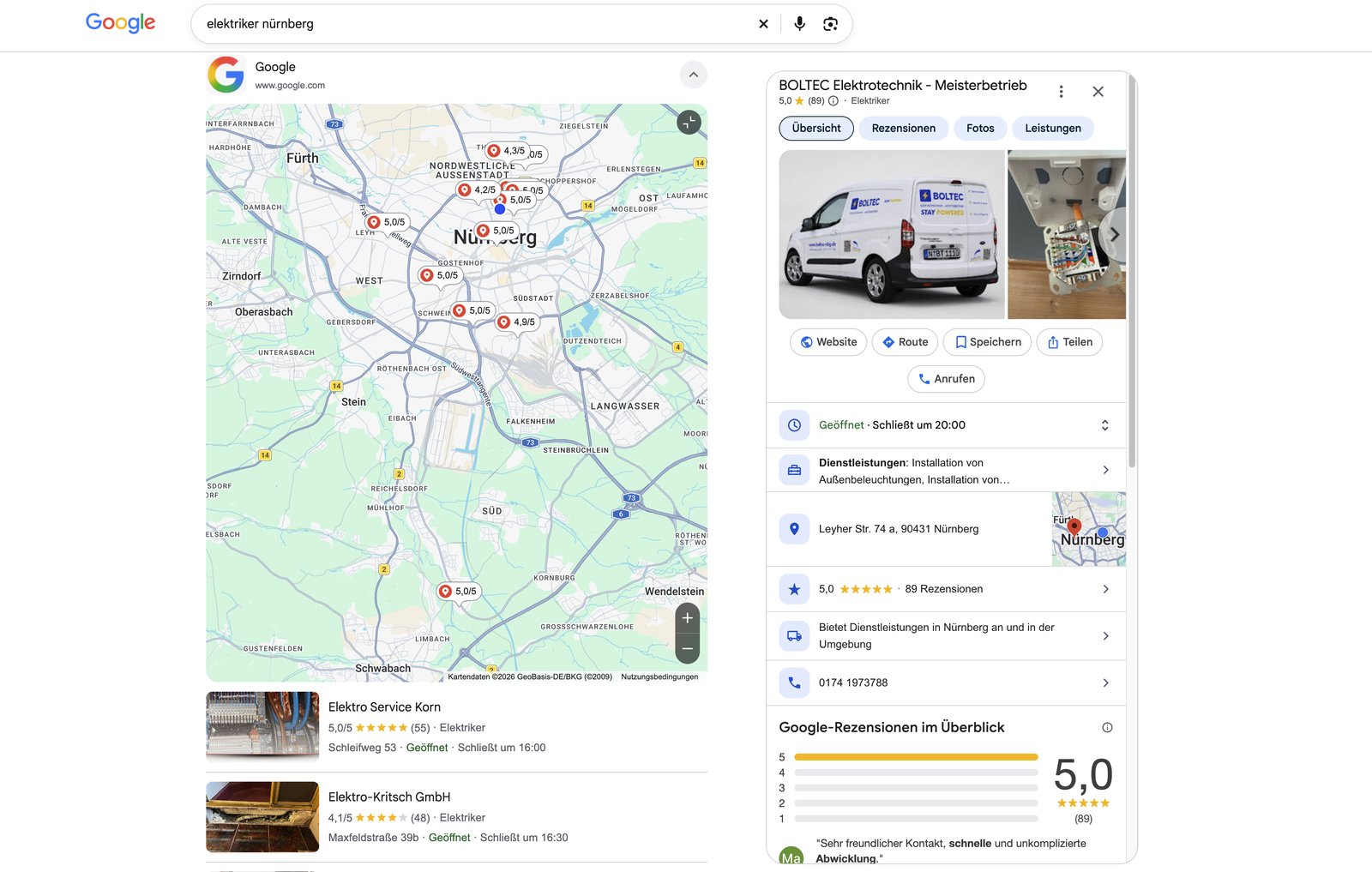 Google-Suche nach Elektriker Nürnberg mit Karte und geöffnetem Google-Unternehmensprofil eines Elektrobetriebs